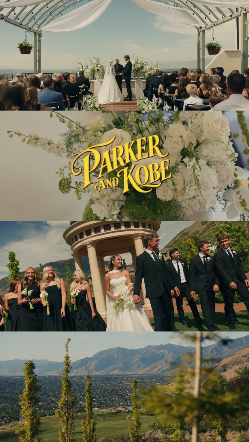 Four film stills of Parker and Kobe’s terrace ceremony at Siempre, their names over white flowers, the wedding party in black, and the surrounding golf course and mountains.