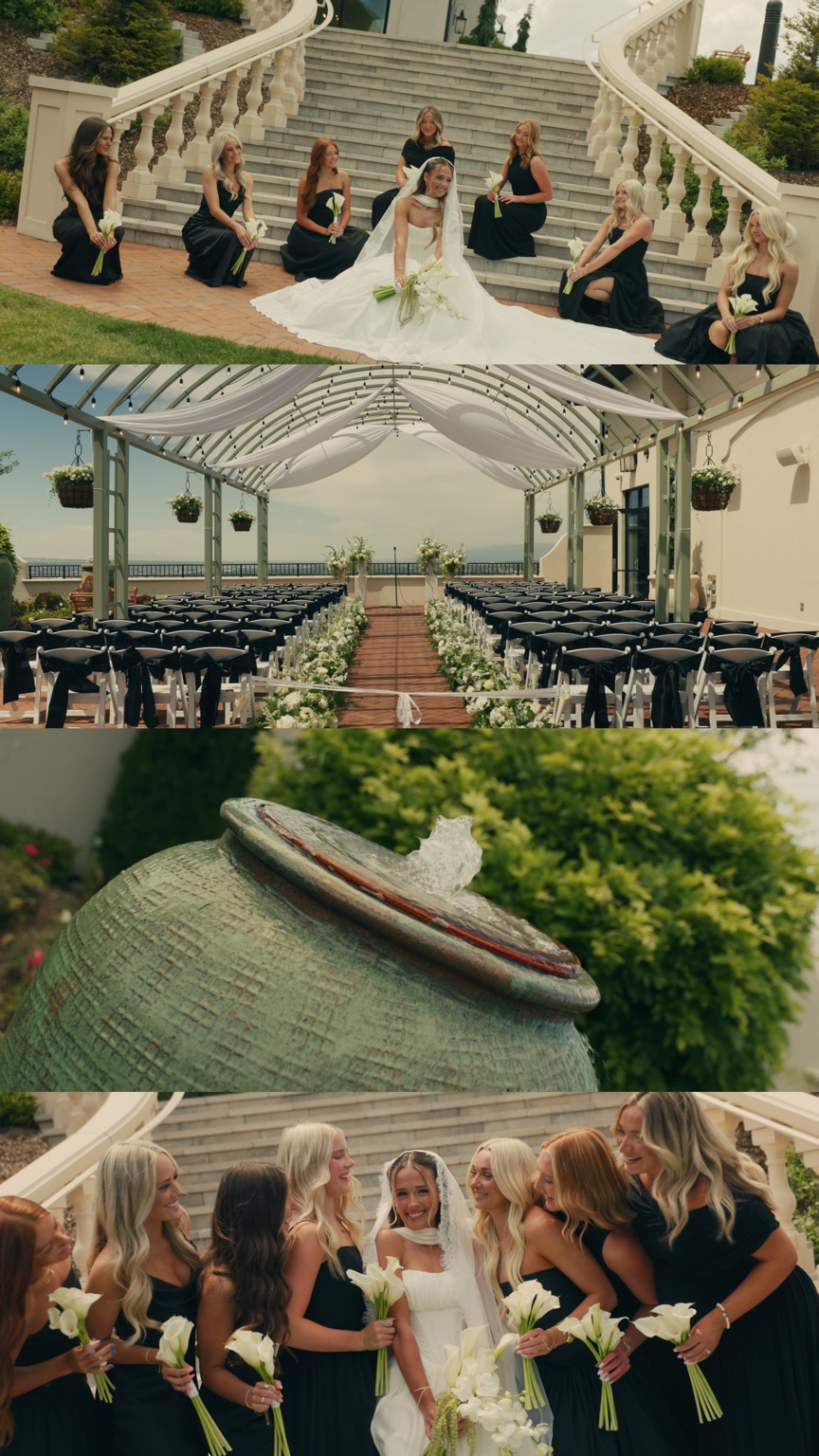 Four film stills of Parker’s long veil on the stairs with her bridesmaids, Siempre’s draped ceremony terrace, a garden fountain, and the bridesmaids laughing together.