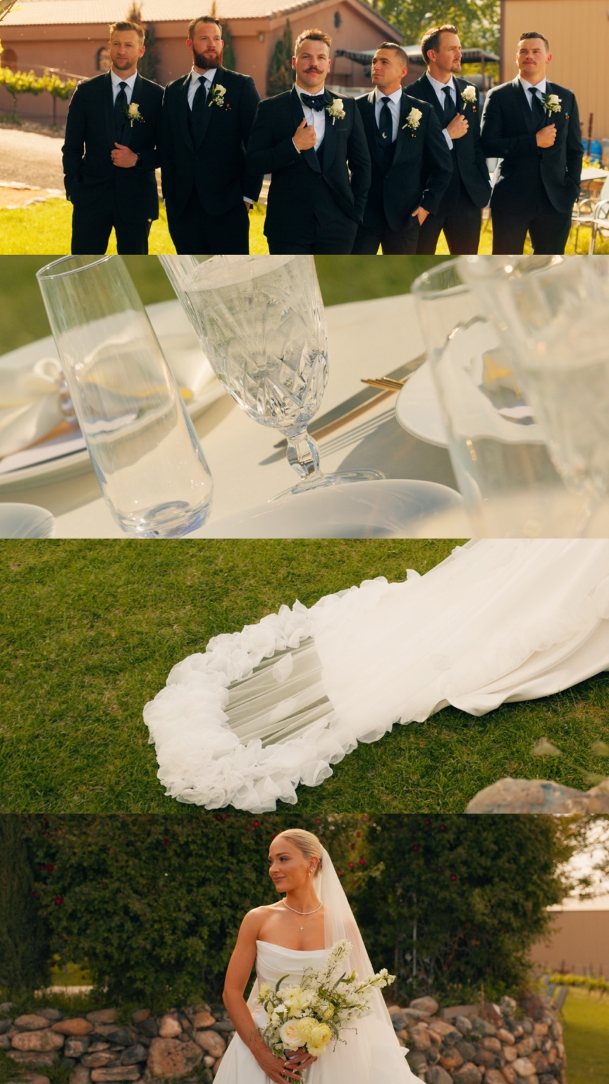 Wedding film stills of Tanner and the groomsmen, glassware, Madilyn's train, and a bridal portrait.