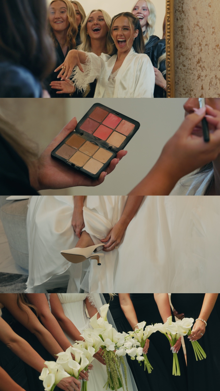 Four film stills of Parker laughing with her friends while getting ready, makeup being applied, her bridal shoes, and white bouquets against black bridesmaid dresses.