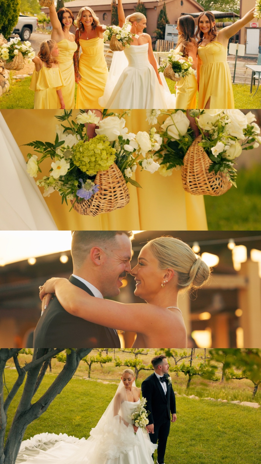 Madilyn and Tanner with their wedding party, flower baskets and vineyard portraits