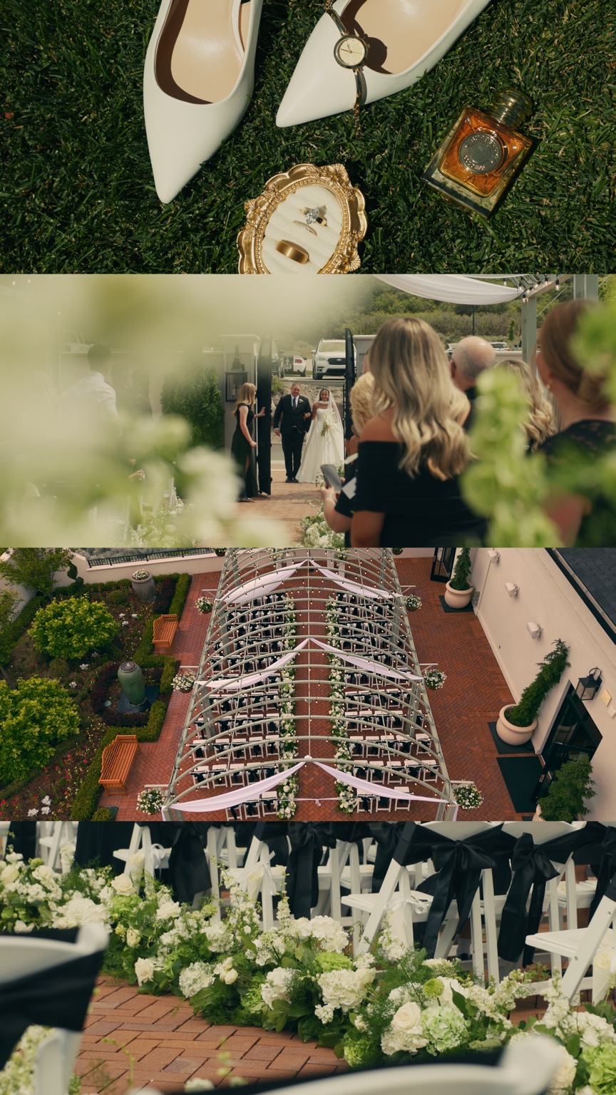 Four film stills of rings and bridal accessories, Parker walking down the aisle, an overhead view of the ceremony terrace, and white aisle flowers beside black chair bows.
