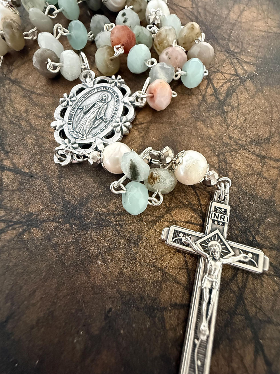 Thumbnail: Amazonite Rosary with Pearl Accents - Catholic Beads & Miraculous Medal