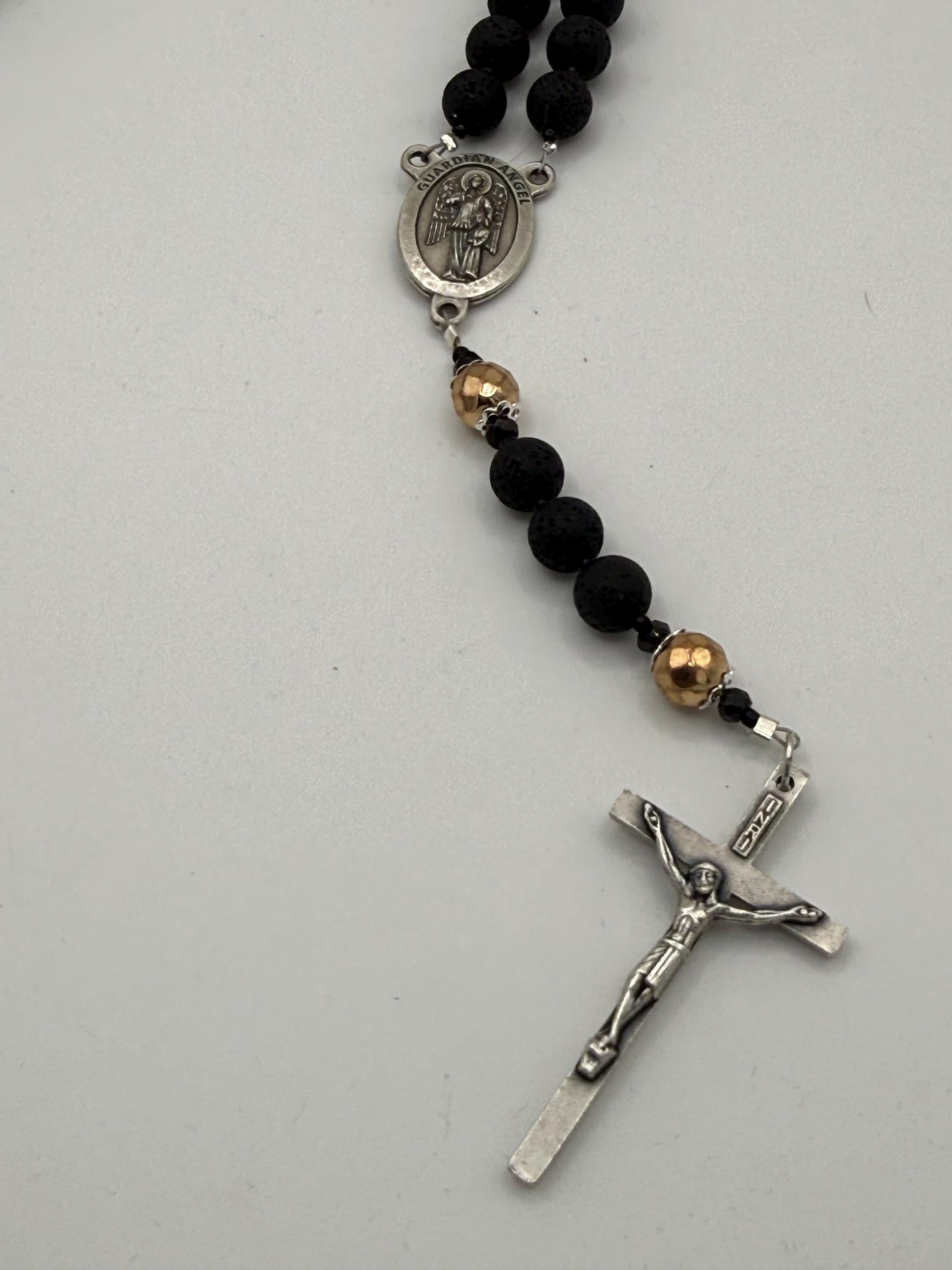 Men's Lava Rock Rosary - Silver Guardian Angel & INRI Crucifix