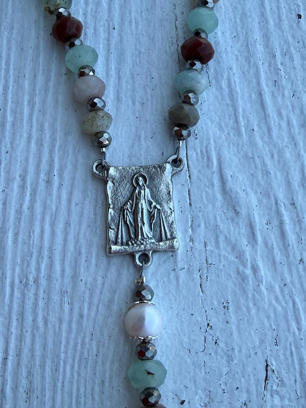 Thumbnail: Title: Earth and Sea Natural Stone Rosary with Triple Nail Crucifix