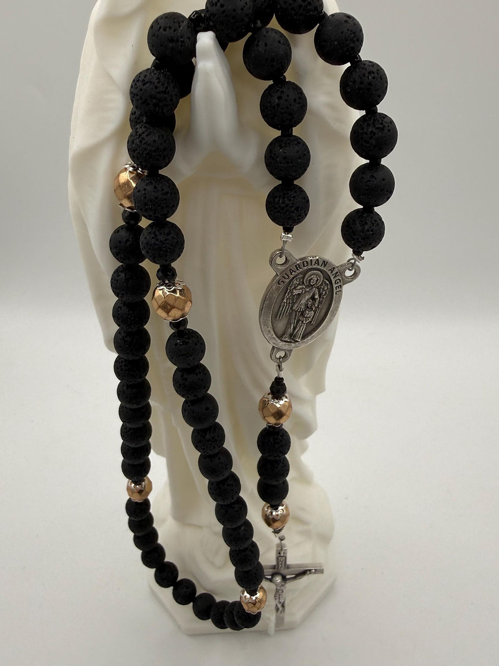 Thumbnail: Men's Lava Rock Rosary - Silver Guardian Angel & INRI Crucifix