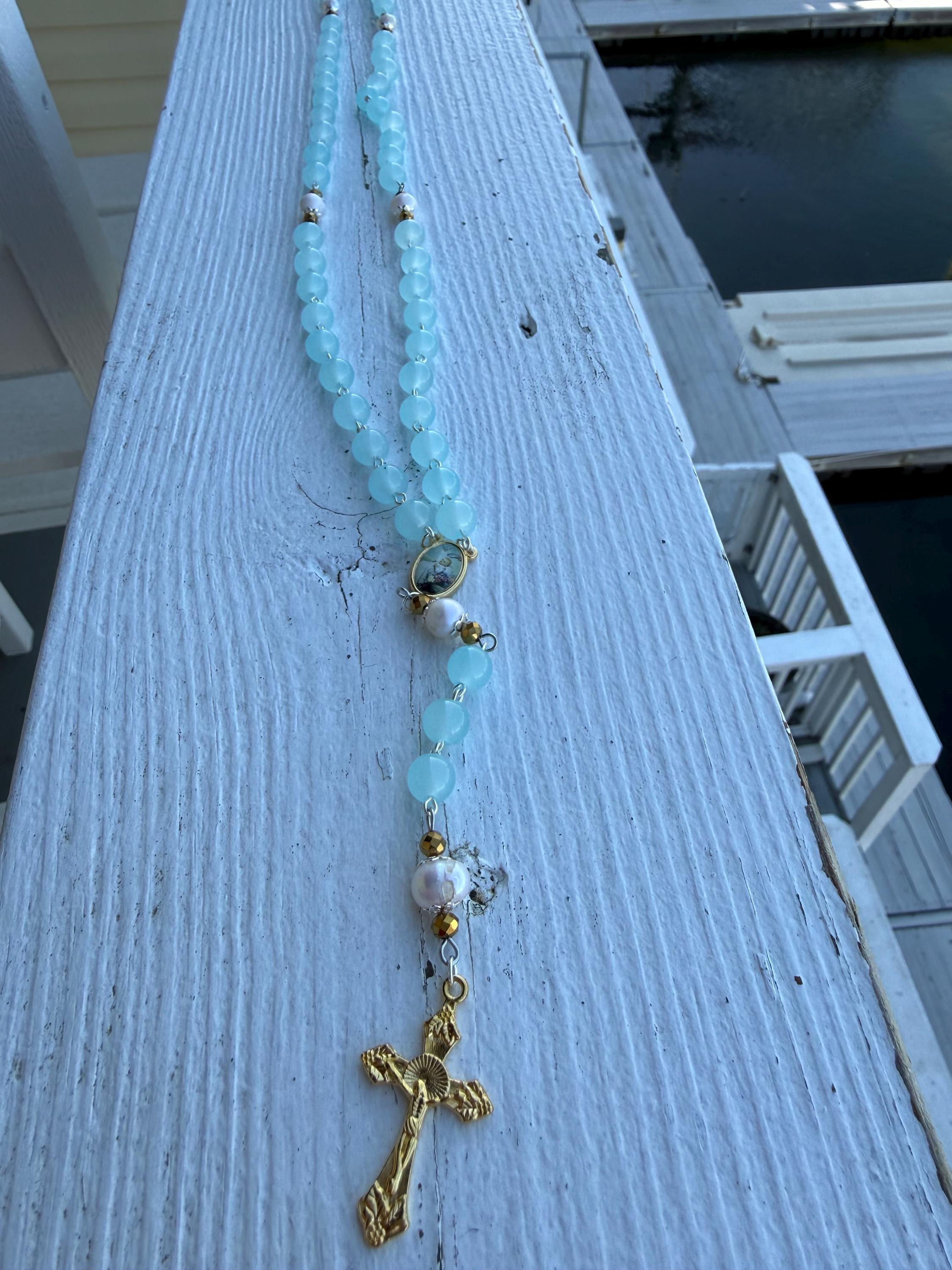 Child Baptism Rosary - Blue Glass Beads, Gold Accents, Marian Centerpiece