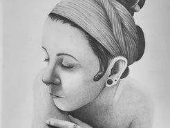 A graphite profile drawing of a serene person with their hair tied up and their eyes closed, rings on one hand.