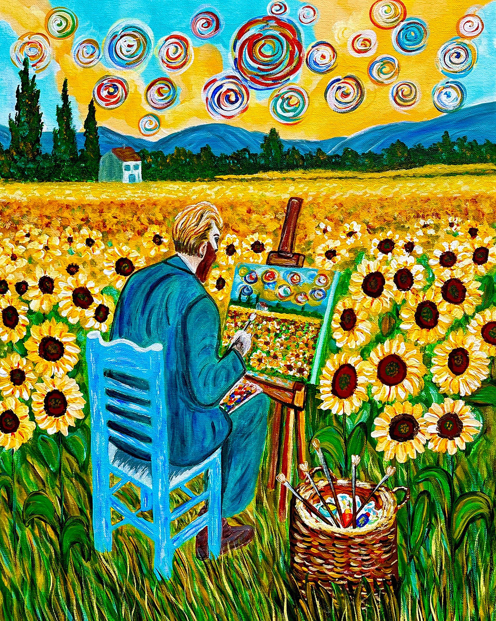 A whimsical painting of Van Gogh painting sunflowers.