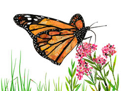 A monarch butterfly resting on pink flowers and grass, made entirely from recycled newsprint.