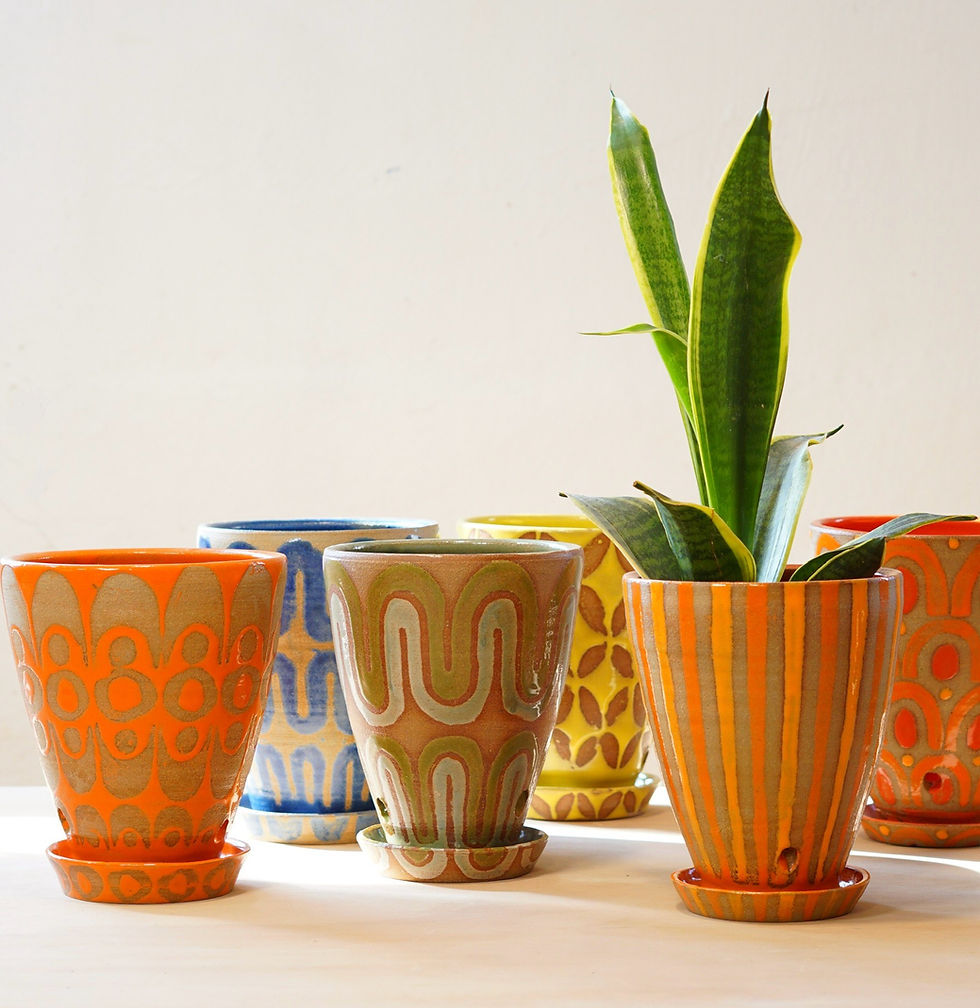 A set of handmade plant pots with varying patterns in bright colors such as orange and yellow, one holding a tall, leafy plant.