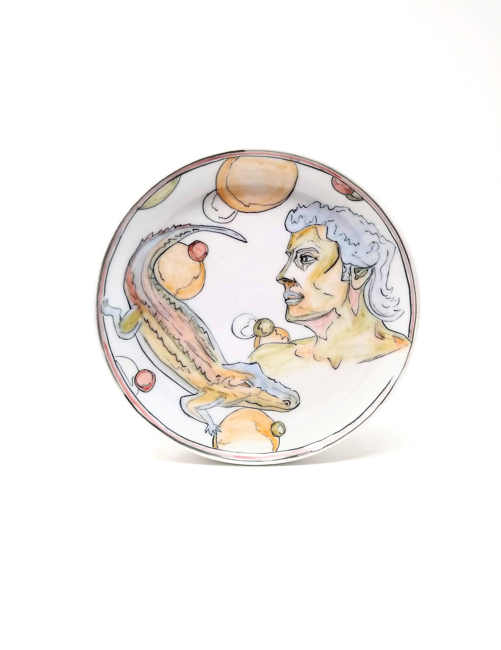 A circular white plate decorated with colored illustrations of a person and a reptile, surrounded by spheres and a red border.