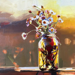 A painting of a jar of light-colored flowers in the sun.