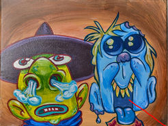 Two brightly colored creatures with expressive faces, painted against a brown background.