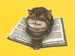 A painting of a happy brown cat sitting on an open book against a yellow background.