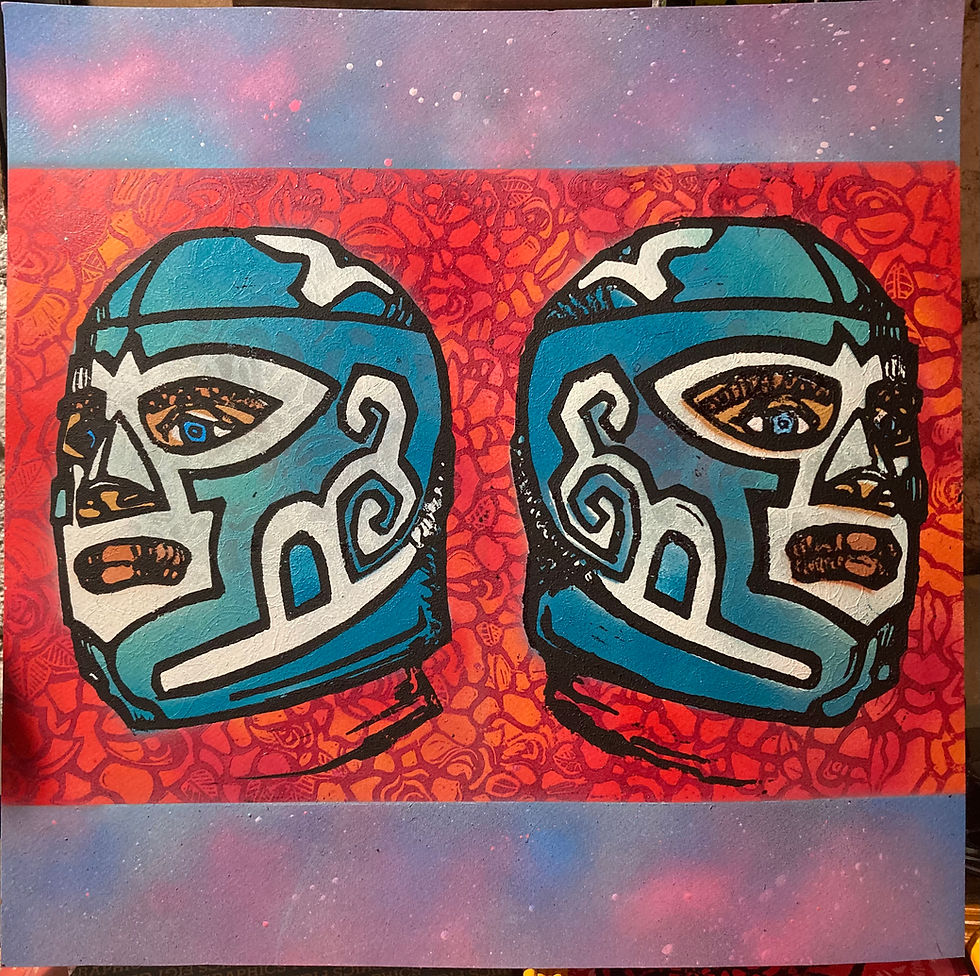A brightly colored illustration of two masked Luchadors.