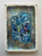 An abstract multimedia collage in bright blue colors with a translucent background and textured white frame.