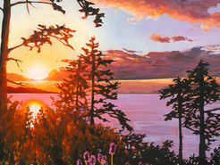 A landscape painting of trees and purple flowers by a lake at sunset.
