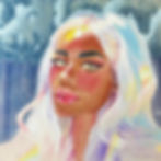 A mixed media portrait of a Brown femme person with glowing silver hair and blue, purple and pink accents, against a cloudy blue sky.