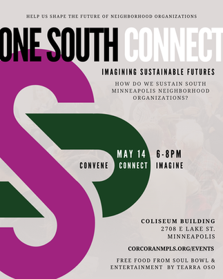 Event poster for "One South Connect" on May 14, 6-8 PM at Coliseum Building, Minneapolis. Features bold "S" and "C" design, magenta and green.