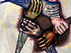 A photograph of the cover of a children's book, illustrated with several interlocking hands that grow into tree branches.