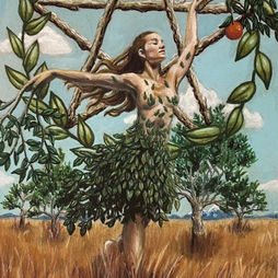 A painted tree growing into a dancing person, with leaves and branches creating a circularly bordered five point star.