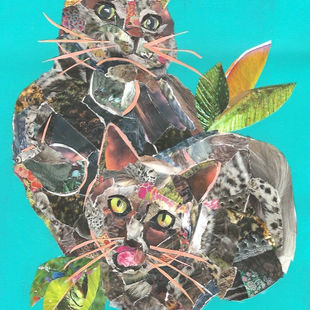 Collage art of two cats against a teal background.