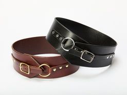 Two custom made leather belts in brown and black.