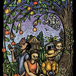 A stylized illustration of four people working together to nurture a fruit tree, with the caption, "The Circle of Cooperation."