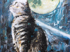 A painting of a grey cat sitting in front of the full moon, with flecks of blue reflected on its fur.