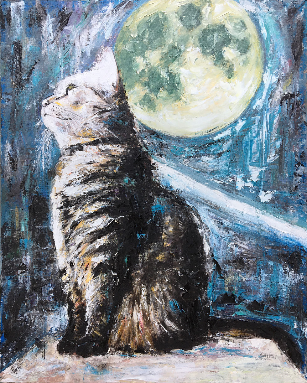 A painting of a grey cat sitting in front of the full moon, with flecks of blue reflected on its fur.