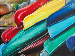 A painting of several small, vividly colored boats piled upside down on top of each other to dock.