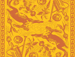 A bright yellow and reddish brown abstract art print of bunnies in a garden.