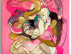 An abstract painting of interlocking bodies against a pink background.