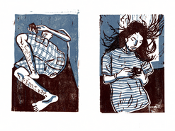 Prints of two people checking their phones, one lying down and one standing up, in the colors of blue, black and white.