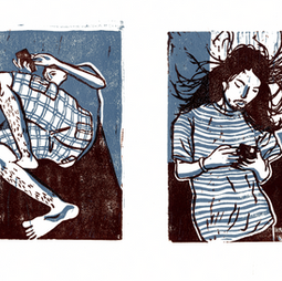 Prints of two people checking their phones, one lying down and one standing up, in the colors of blue, black and white.