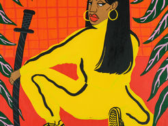 A painting of a person with long dark hair in neon yellow garb looking over their shoulder and holding a sword, against an orange backdrop.