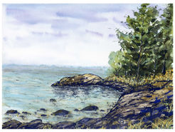 A watercolor of a lakeside nature scene.
