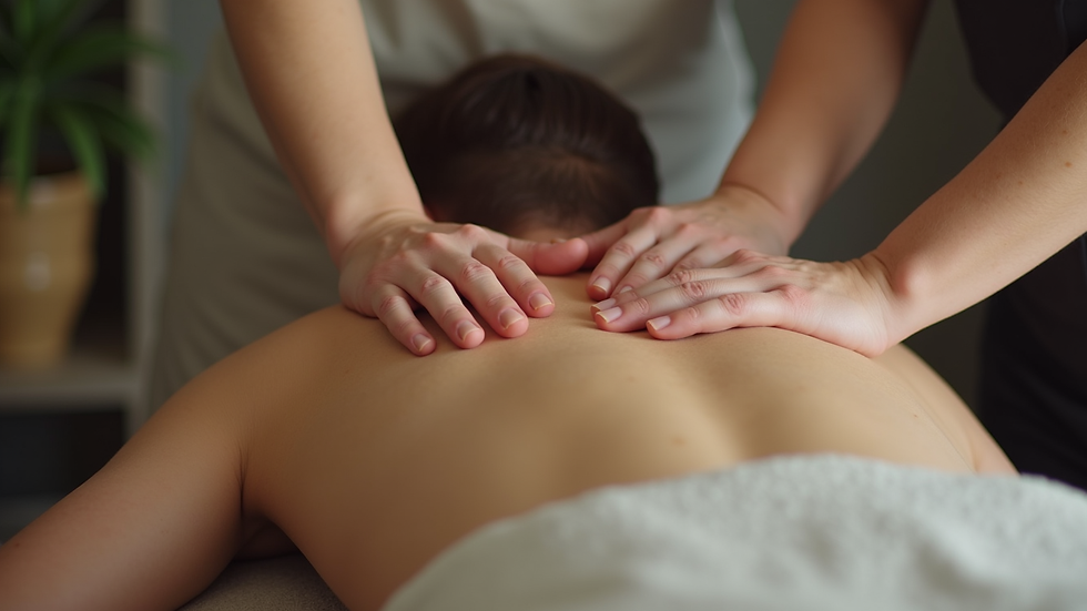 Eye-level view of a massage therapist applying pressure to a person's back