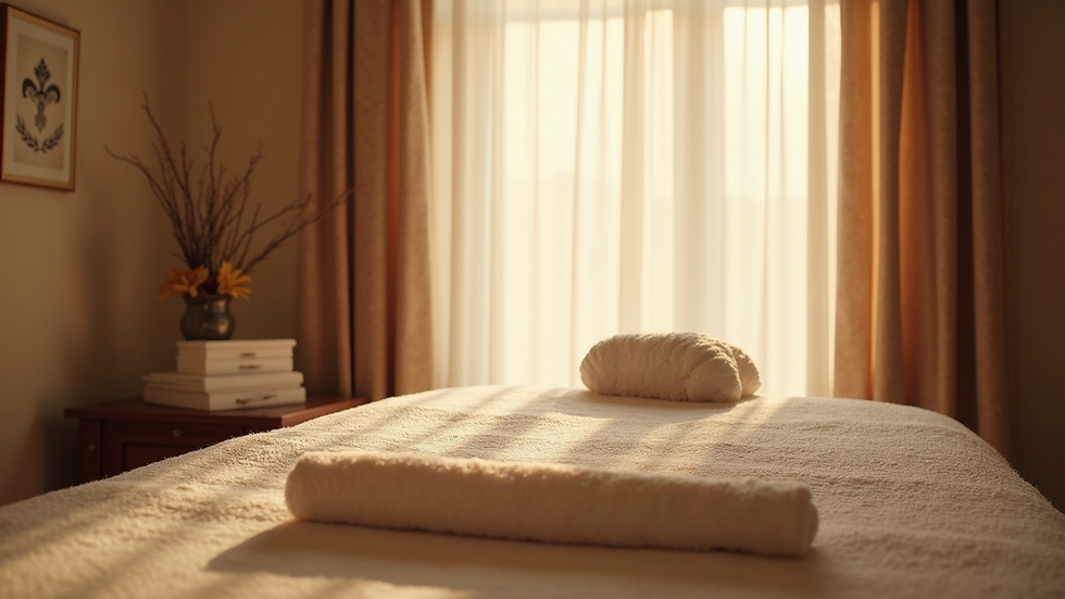 Eye-level view of a calm massage therapy room