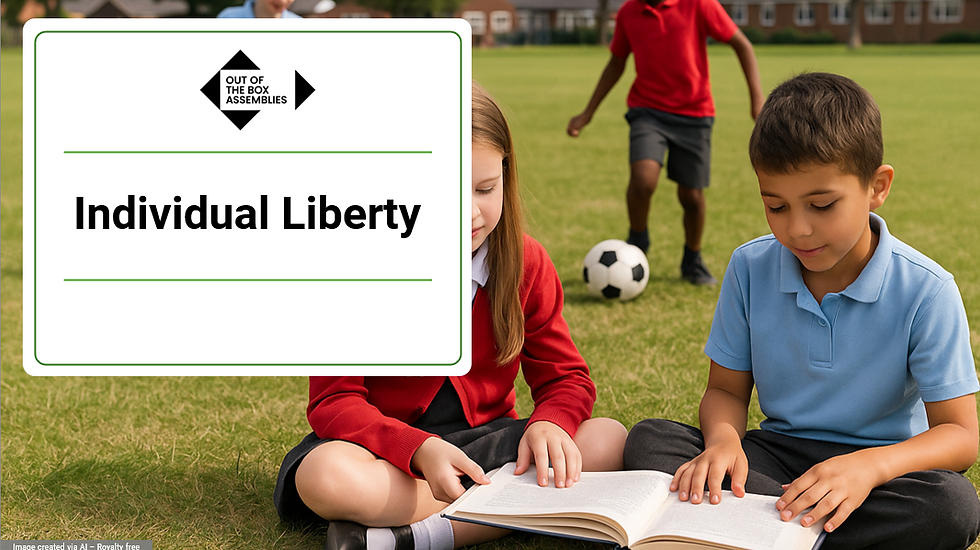 Children read on grass while another plays soccer; slide reads Individual Liberty with Out of the Box Assemblies logo.