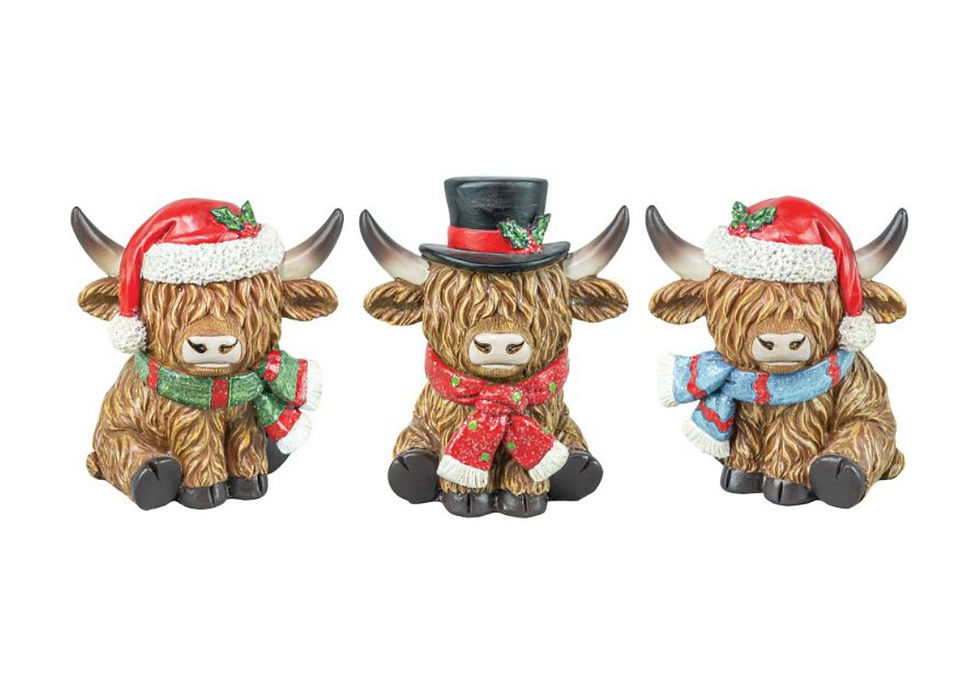 Set of 3 Highland cow holiday figurines in festive outfits, rustic farmhouse Christmas tabletop decor.