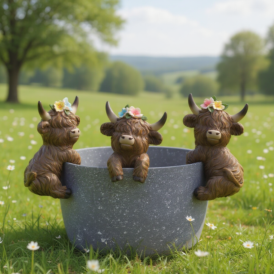 Adorable Highland cow clingers in flower crowns, hanging on a planter for a fun spring décor accent