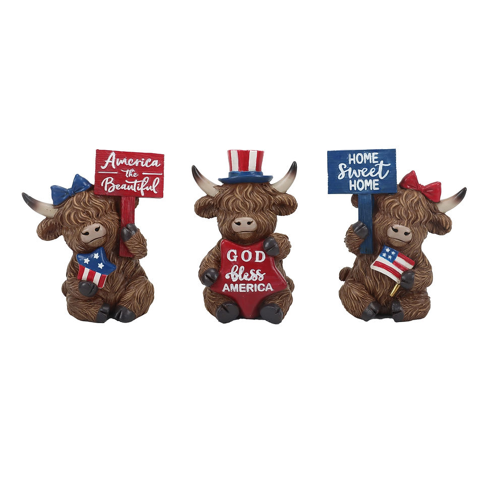 Patriotic Highland cow figurines with red, white, and blue signs