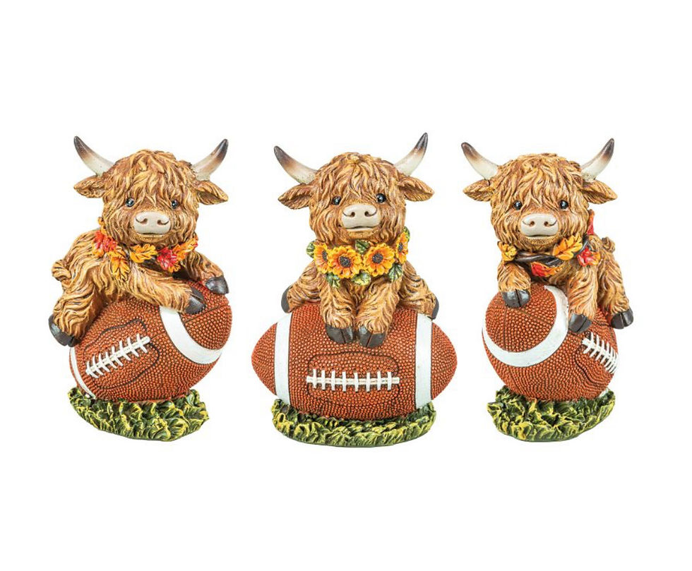 Set of 3 Highland cow figurines with football mounts, rustic farmhouse sports decor for football fans and cow lovers