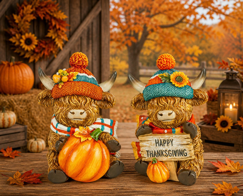 Highland cow duo with knit cap and bow holding fall pumpkins in a rustic barn setting; cozy autumn farmhouse décor.