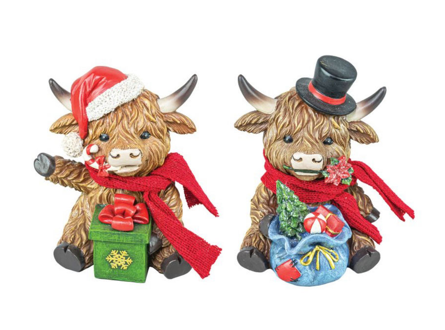 Set of 2 Highland cow figurines with gifts, hand-painted rustic farmhouse holiday decor accents