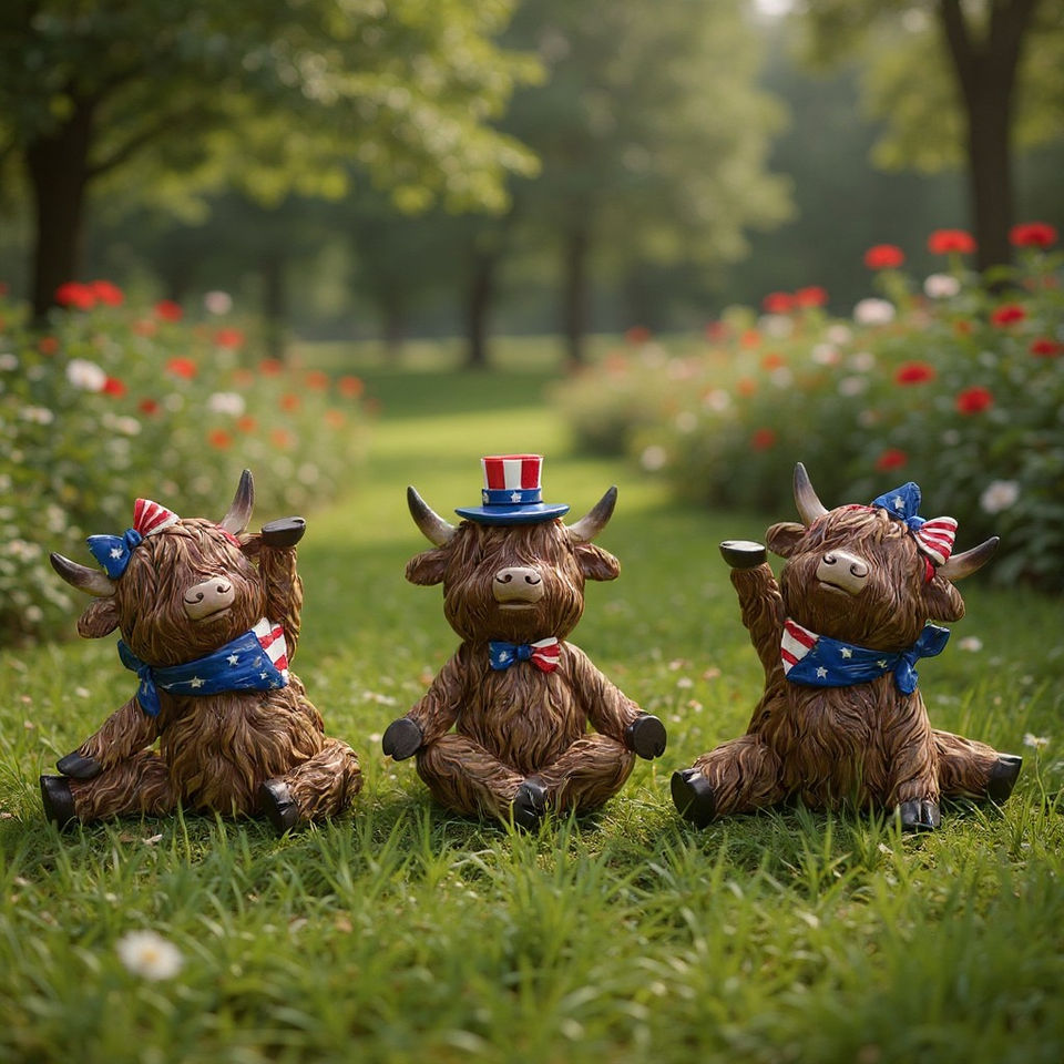 Set of 3 patriotic Highland cow figurines in yoga poses, wearing red, white, and blue accessories.