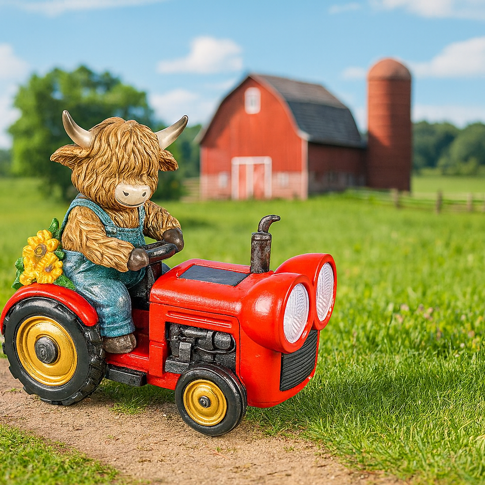 Resin Highland cow figurine wearing overalls riding a red tractor