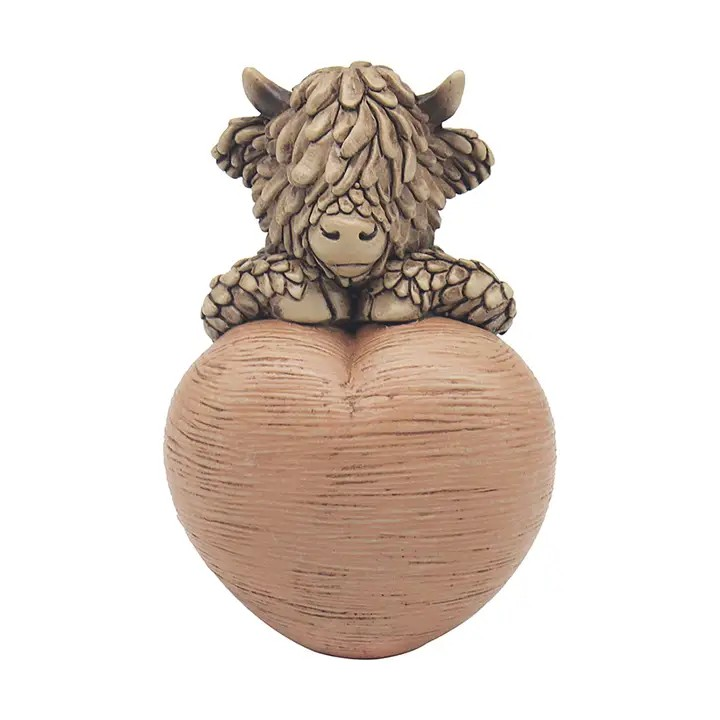 Hughie Highland cow figurine holding a red heart, small rustic farmhouse decor gift for cow lovers